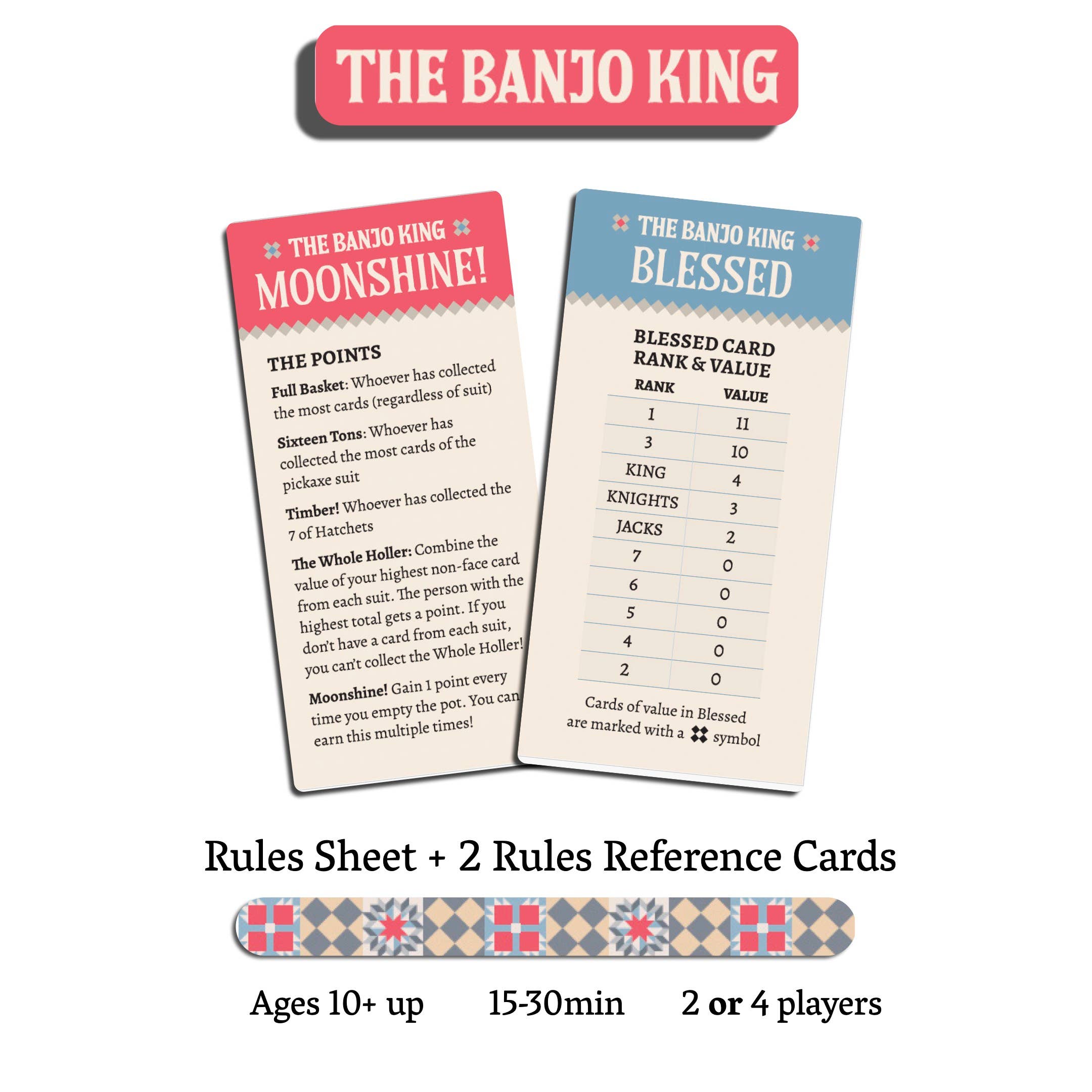 The Banjo King: The Appalachian Scopa Deck rules with Moonshine and Blessed cards for two players.