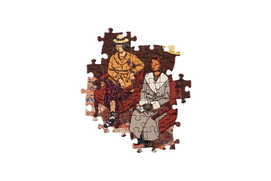 World of Hercule Poirot 1000-piece puzzle partially assembled, featuring two people on a couch.