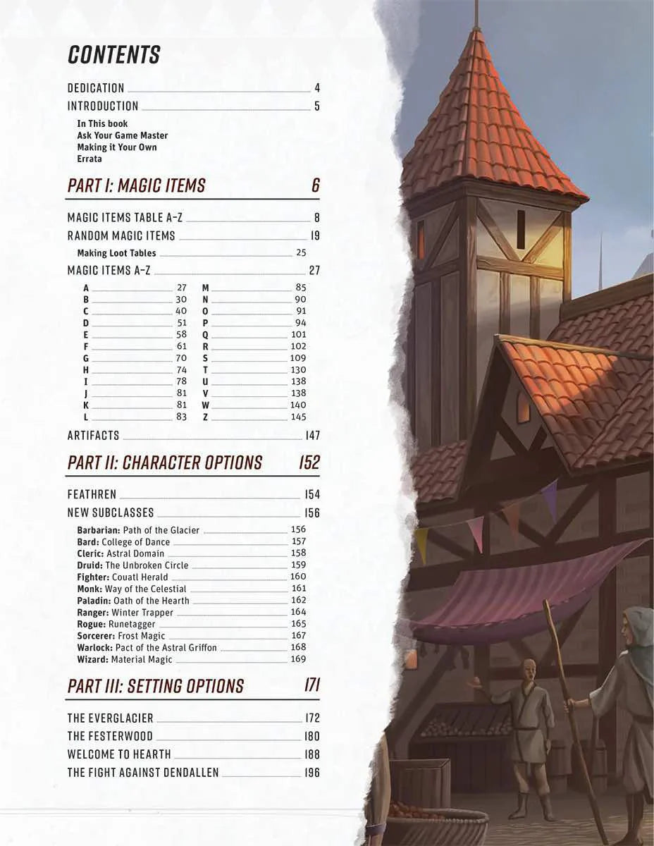 The Griffons Saddlebag Book One table of contents, 5E compatible, featuring a medieval village illustration for D&D campaigns.