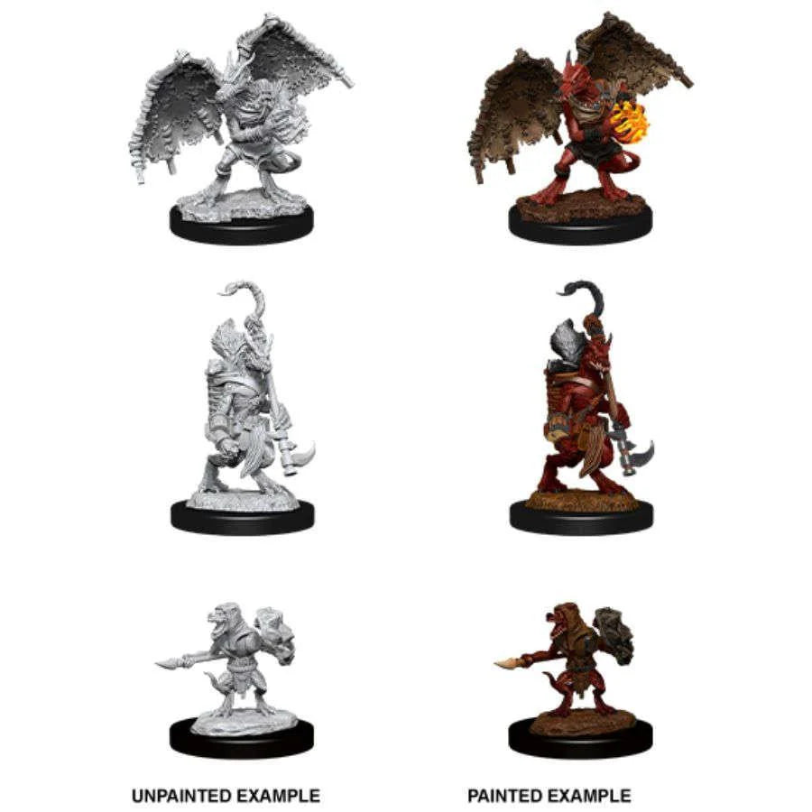 D&D Nolzurs W12 Kobold Inventor, Dragonshield, and Sorc miniatures shown unpainted and painted.