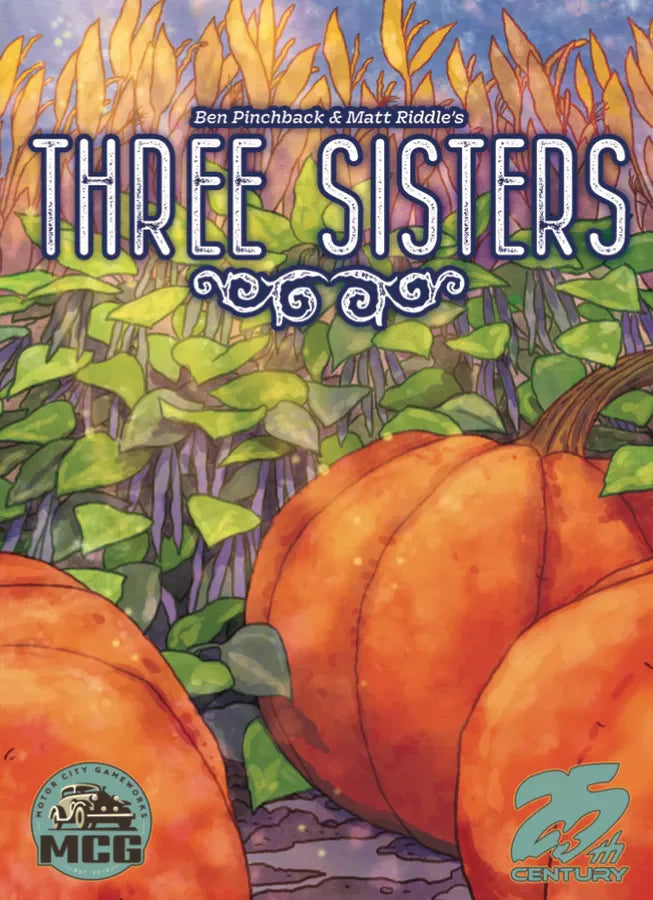 Large orange pumpkins and tall green corn stalks with Three Sisters displayed prominently.