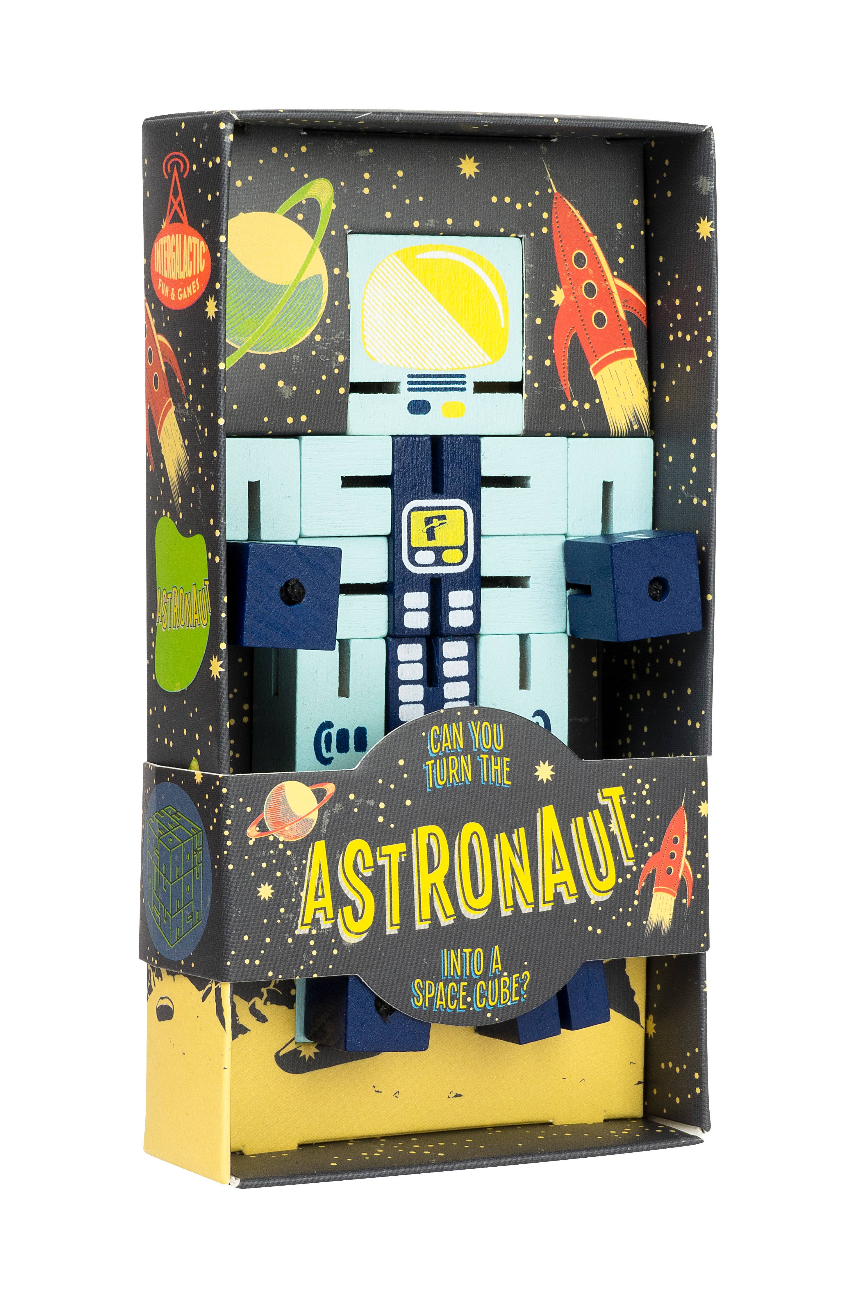 Light blue and navy wooden Puzzle Planet Robot Puzzle.