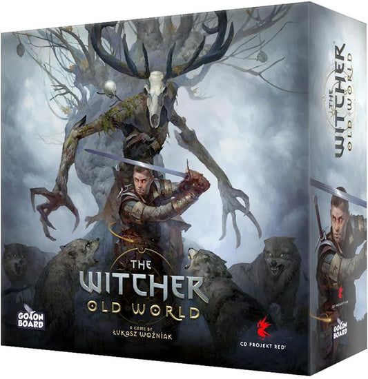 The Witcher Old World box featuring a monster slayer, wolves, and a sinister forest creature.