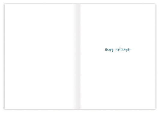 Sending Love Across Miles Holiday Card by Louise Mulgrew on recycled paper, blue Happy Holidays script, blank inside.