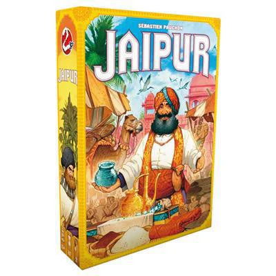 Jaipur card game box featuring traditional attire, camels, and a colorful market scene.