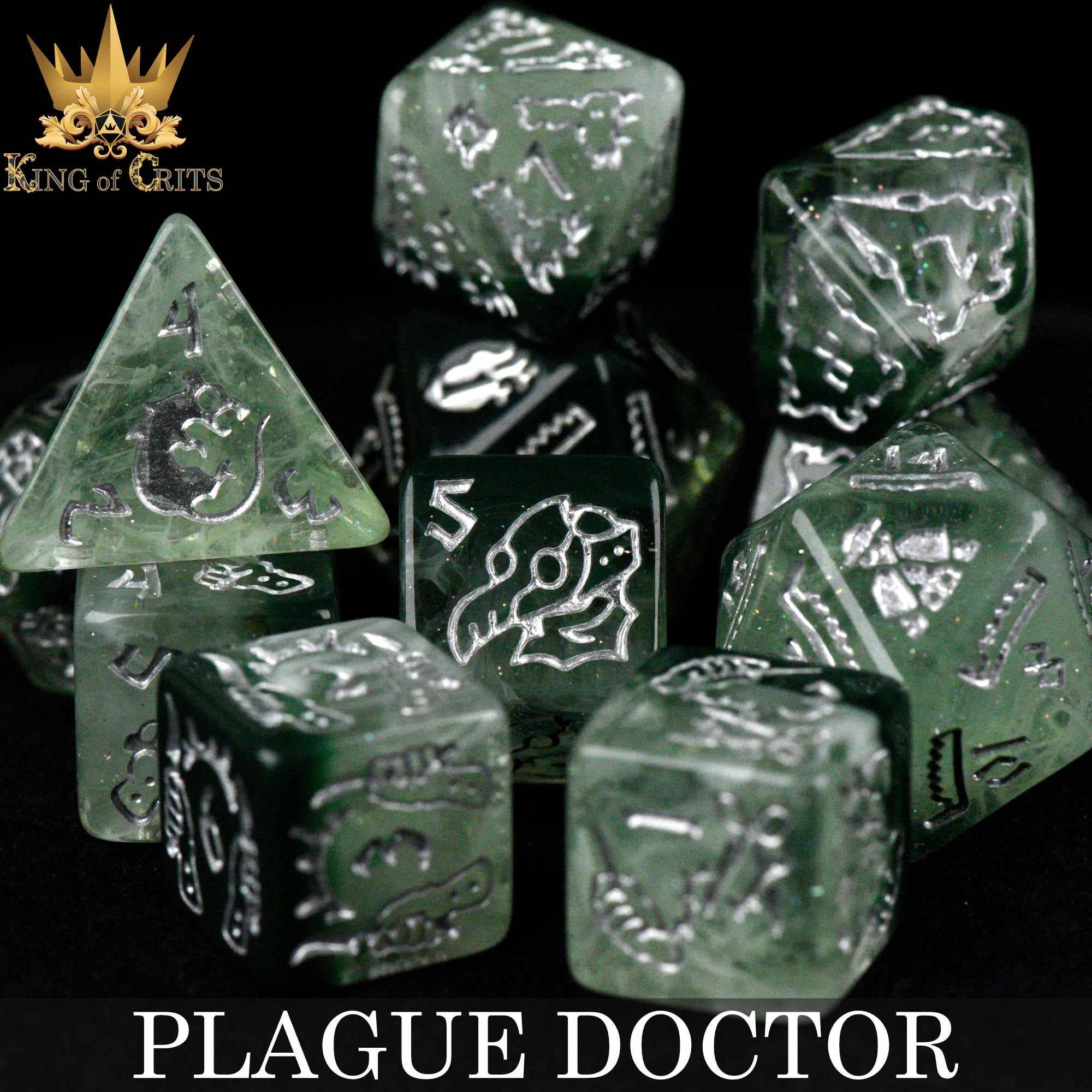 Plague Doctor 11-piece green dice set engraved with motifs and PLAGUE DOCTOR text.