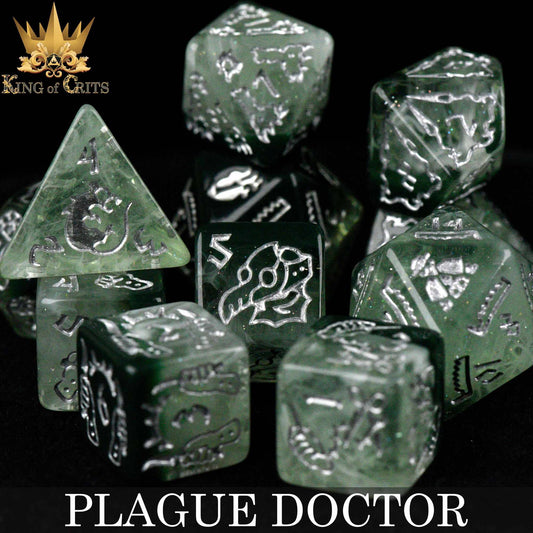 Plague Doctor 11-piece green dice set engraved with motifs and PLAGUE DOCTOR text.