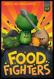 Food Fighters strategy board game box featuring cartoon vegetable characters with weapons.
