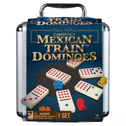 Mexican Train Dominoes set in a silver case with colorful tiles and train pieces.