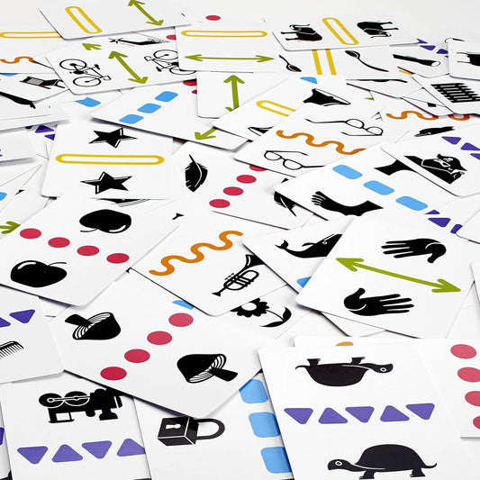 Anomia Kids game cards with colorful shapes and black icons of animals, stars, and hands.