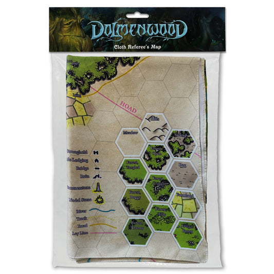 Dolmenwood: Cloth Referees Map, folded in clear packaging, shows terrain and icons for referees.