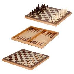 Standard 3-in-1 Game Set with chess, backgammon, and checkers boards and matching game pieces.