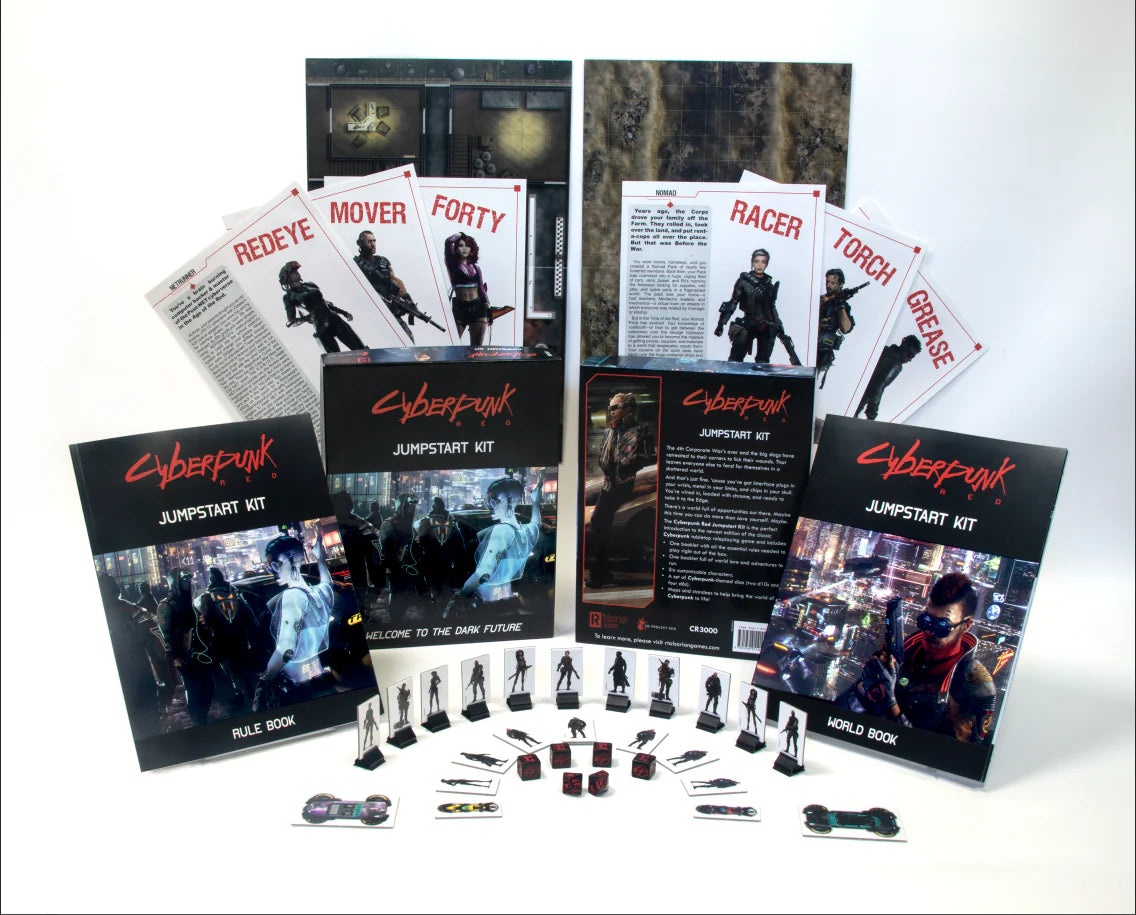 Cyberpunk Red RPG Jumpstart Kit with rule books, world book, character sheets, standees, dice, and maps.