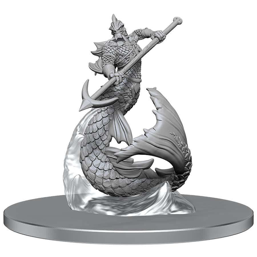 W21 Merrow Nolzur’s Miniature: armored merman with anchor, circular base, and curling fish tail.