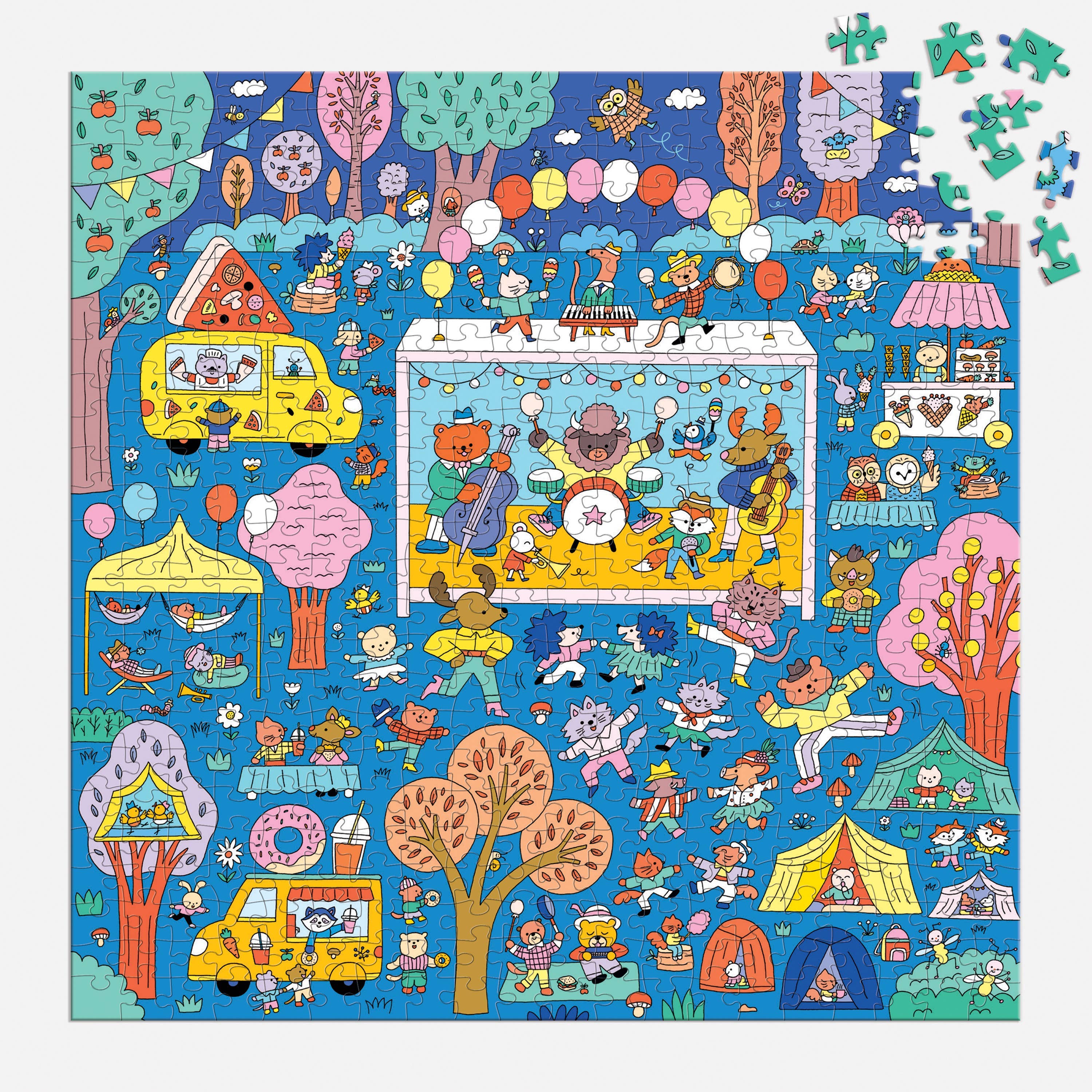500-piece family puzzle featuring cartoon animals at a festival with music and games; search and find theme.