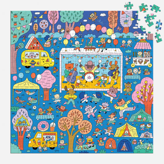 500-piece family puzzle featuring cartoon animals at a festival with music and games; search and find theme.