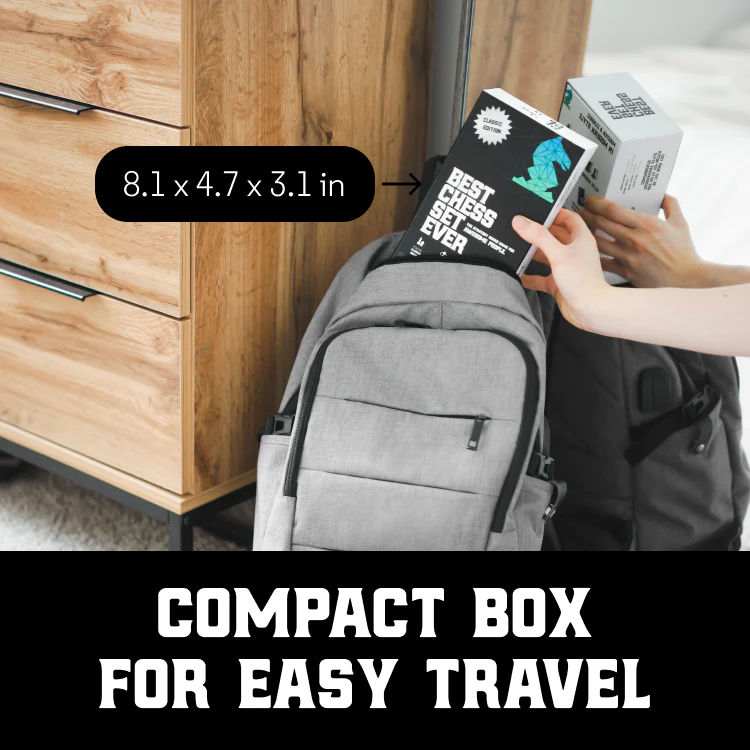 Travel Best Chess Set Ever with weighted pieces being packed into a gray backpack; visible text: COMPACT BOX FOR EASY TRAVEL.