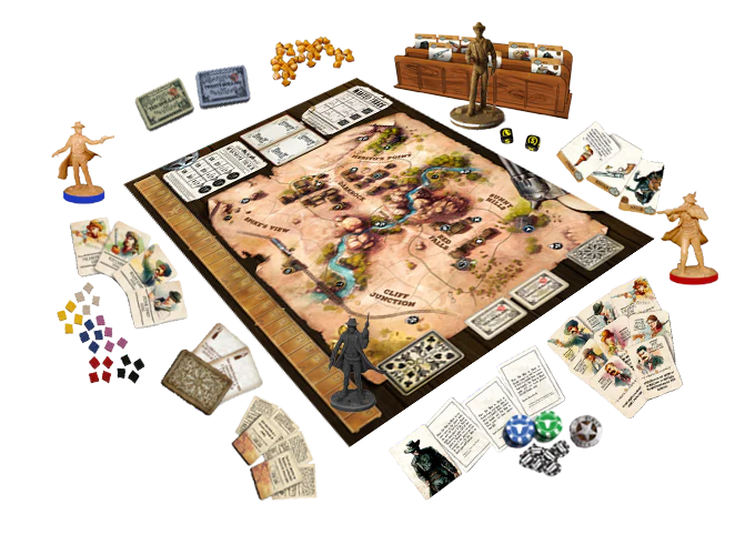 Western Legends board game with map, cards, tokens, dice, and character figures arranged for play.