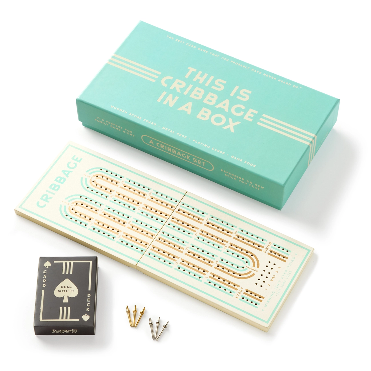 Cribbage in A Box set with wooden board, pegs, box, and cards on a white surface.