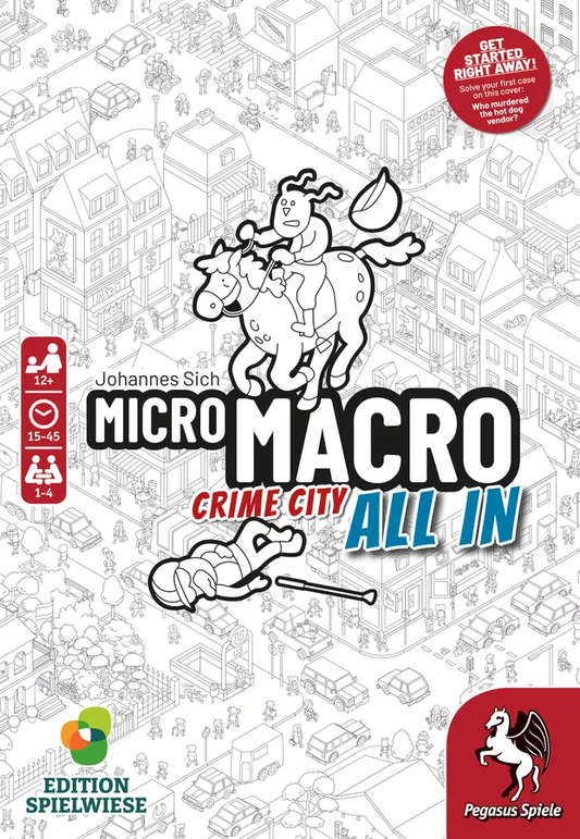 MicroMacro Crime City All In board game featuring a cartoon detective on horseback chasing a thief in a monochrome city.