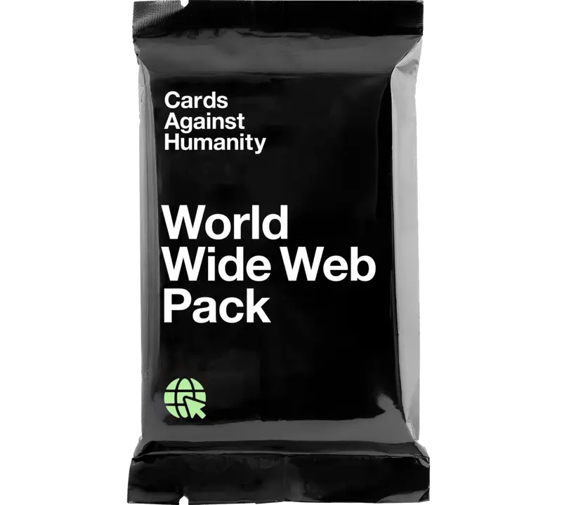 Cards Against Humanity: World Wide Web Pack, black box with white text and small green internet icon at the bottom.