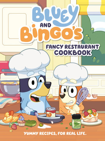 Bluey and Bingo wear chef hats while cooking, from Bluey and Bingos Fancy Restaurant Cookbook.