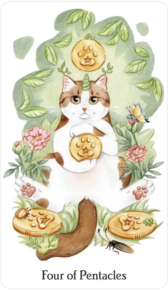 Caticorn Tarot deck card featuring a cat with a coin among coins and flowers.