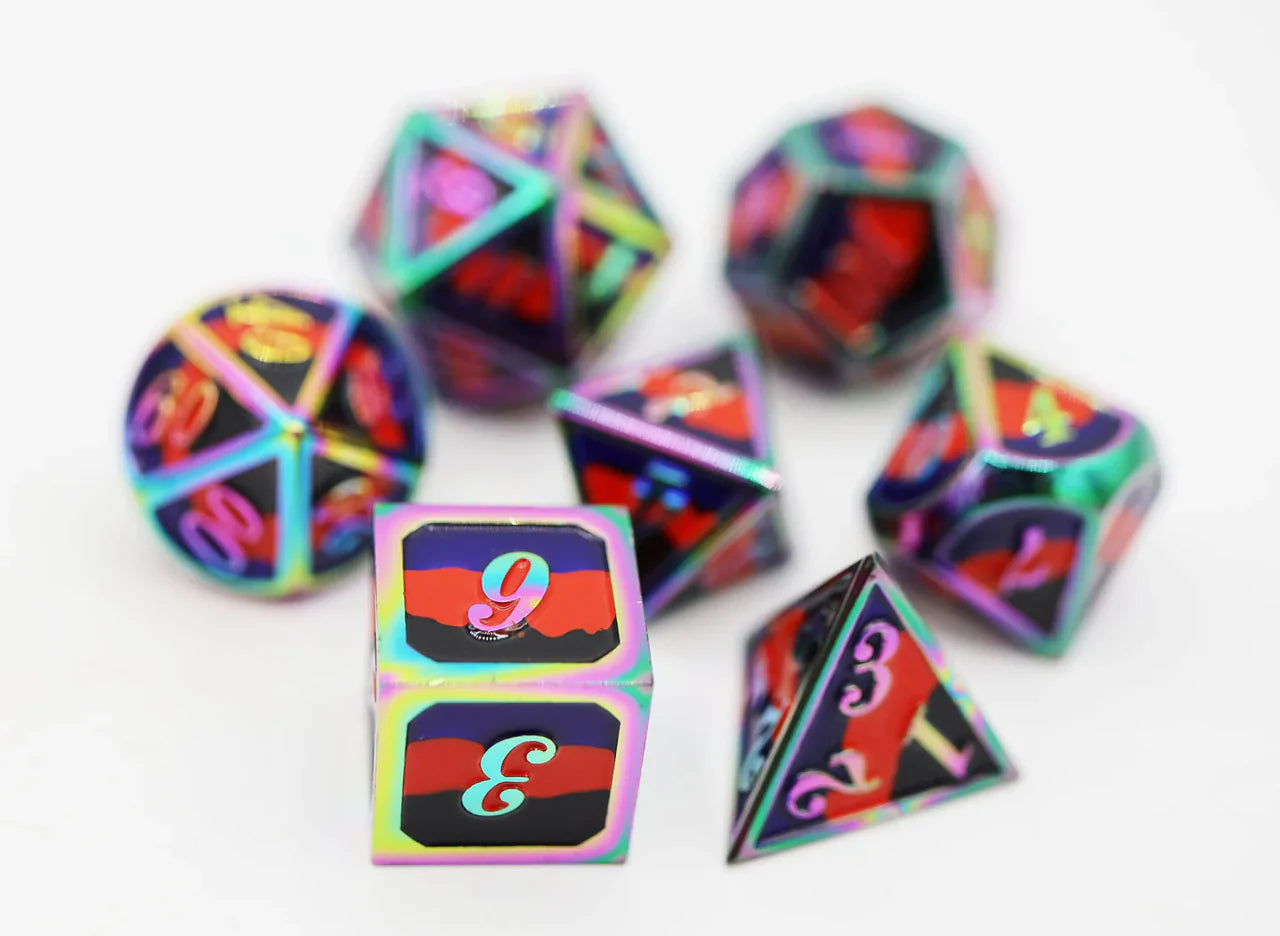 Polyamorous Pride Flag Metal RPG Dice Set with black, red, and purple faces and colorful numbers.