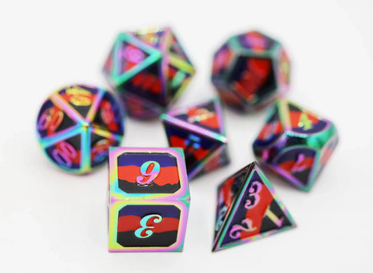 Polyamorous Pride Flag Metal RPG Dice Set with black, red, and purple faces and colorful numbers.