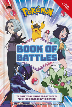 Pokemon Book of Battles cover featuring Pikachu, three characters, gym battle scenes, and Poké Balls.