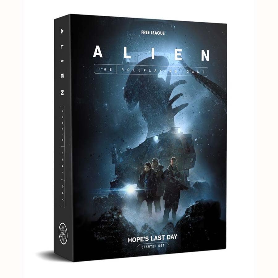 Alien RPG: Evolved Edition Starter Set box cover with three people and a large alien in a dark, misty scene.