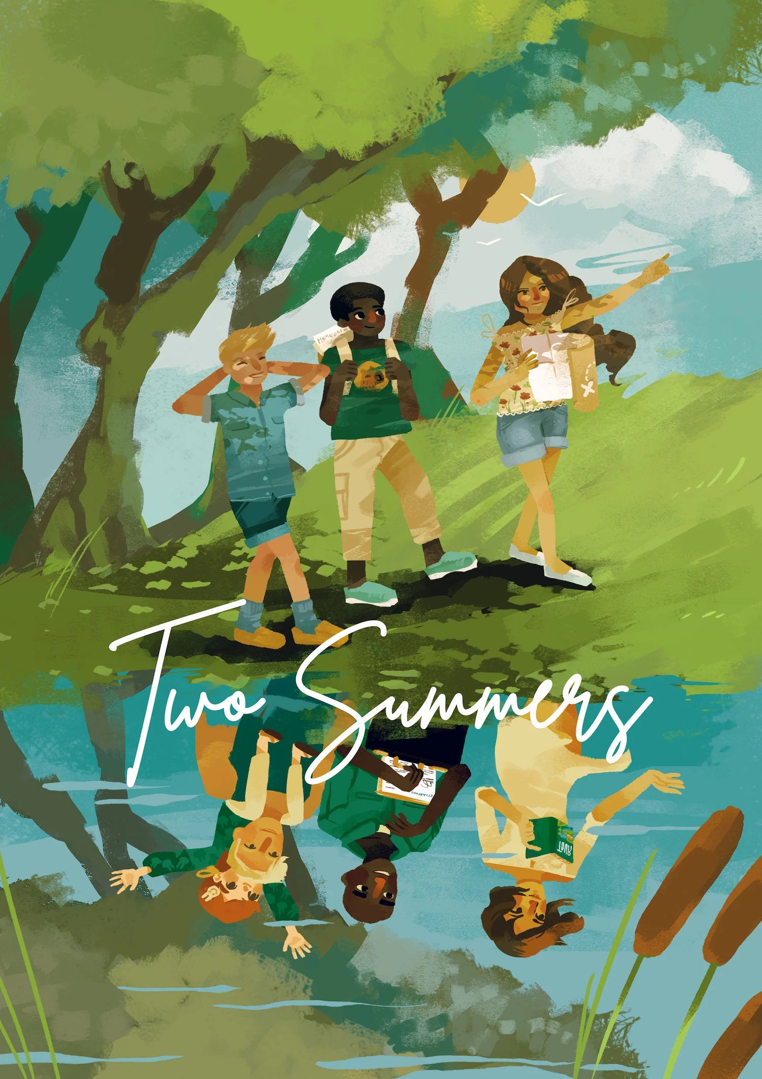 Two Summers tabletop RPG cover featuring four kids by a pond with reflections.