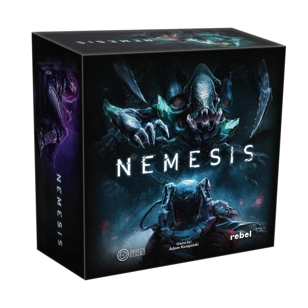Nemesis board game box showing an alien and crew member on a spaceship.