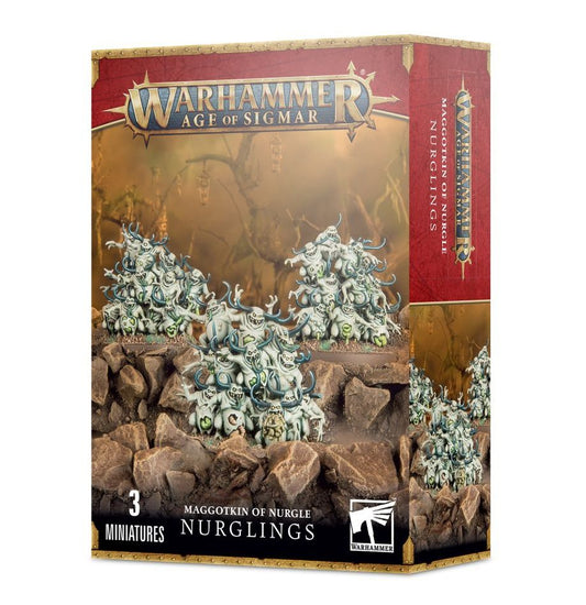 Maggotkin of Nurgle Nurglings box containing three clusters of green Nurglings miniatures.