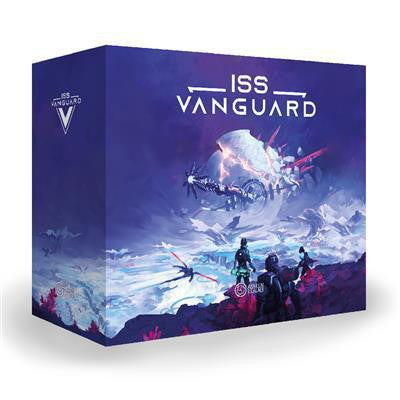ISS Vanguard board game featuring sci-fi artwork of astronauts and a spaceship on an alien landscape.