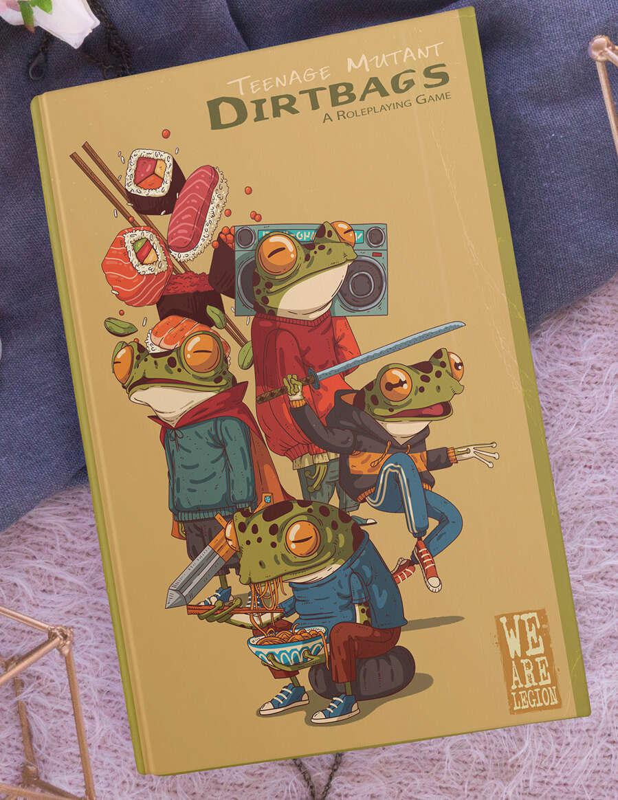 Teenage Mutant Dirtbags RPG cover showing four punk frogs, sushi, and a boombox.