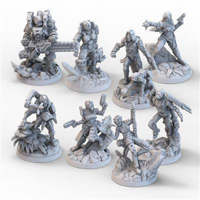 Set of eight sci-fi miniatures in futuristic armor, based on ISS Vanguard space exploration game.