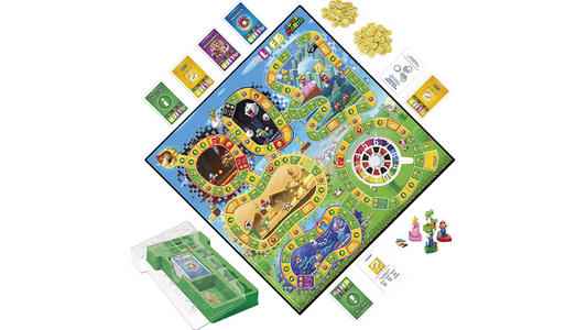 Game of Life Super Mario board with cards, coins, play money, and four character pieces.