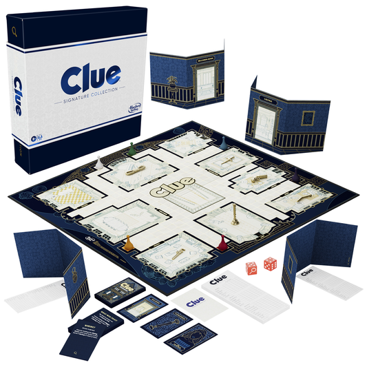 Clue Signature Collection board game set with board, cards, playing pieces, dice, and themed player screens.