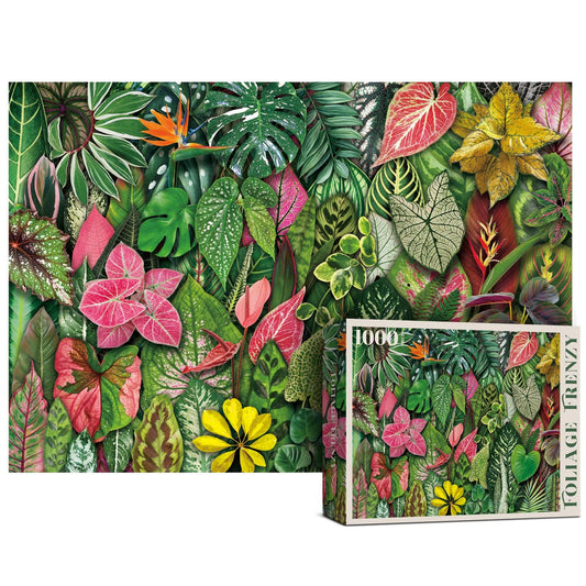 Foliage Frenzy 1000-piece puzzle with tropical leaf design.