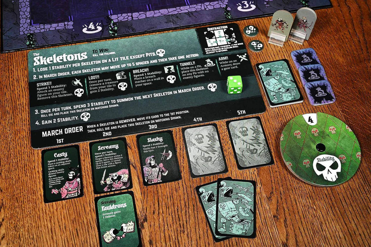 Vast The Mysterious Manor board game components: cards, dice, tokens, and rules card on a tabletop.