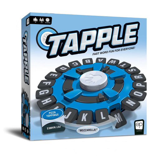 TAPPLE 2021 game with blue and black device, alphabet letters, and game cards.