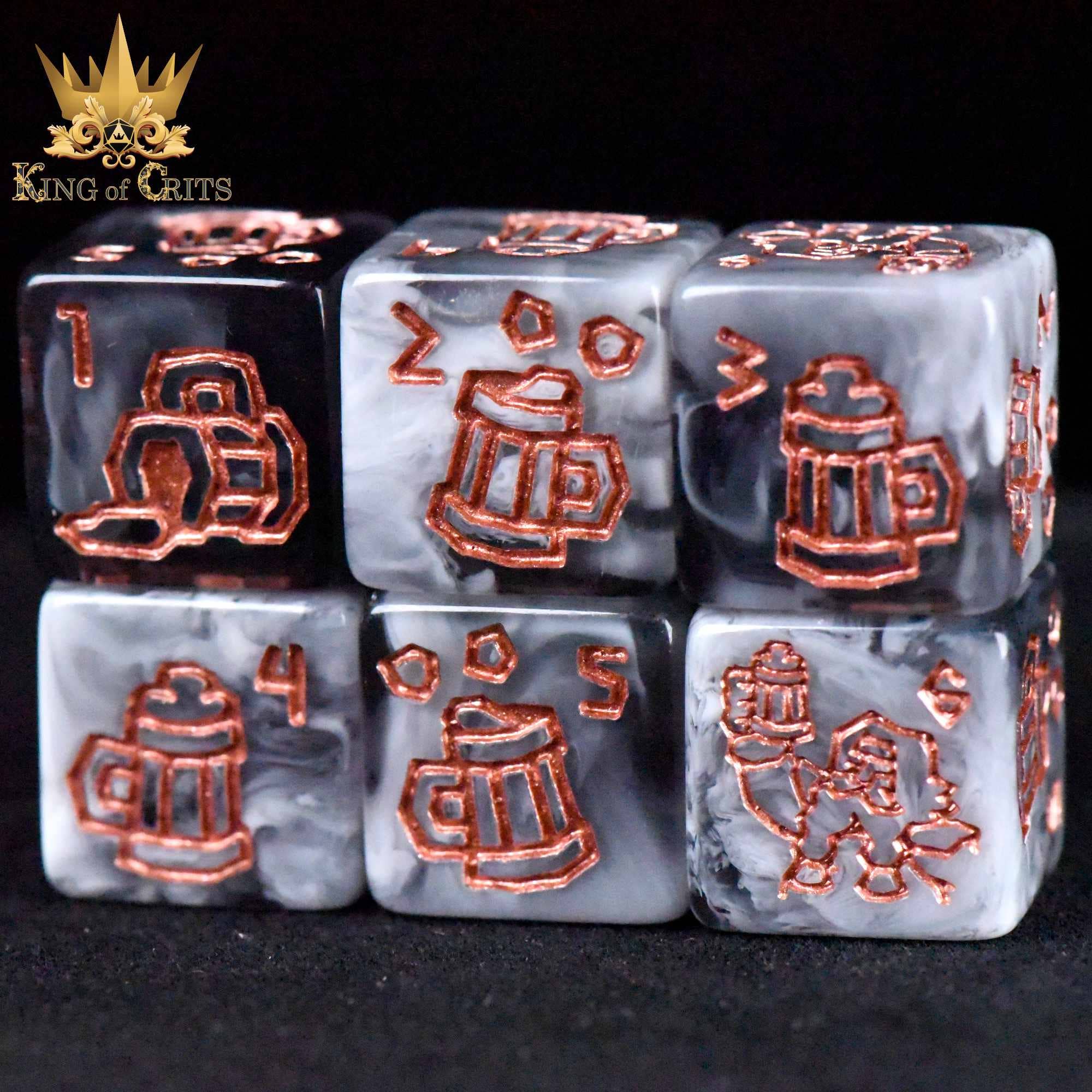 Dwarven Dynasty 11 dice set with marbled design and copper engravings.