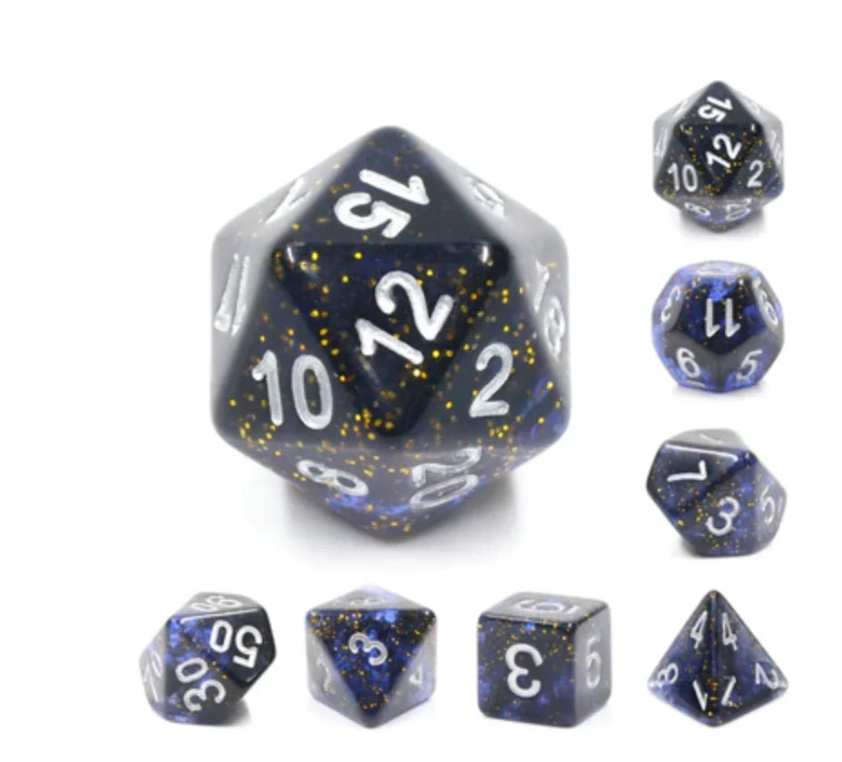Clear Night Sky RPG Dice Set with seven black and gold speckled polyhedral dice, each featuring white numbers.