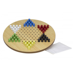 11 Chinese Checkers wood board with colorful pieces in six triangles and a white bag next to it.