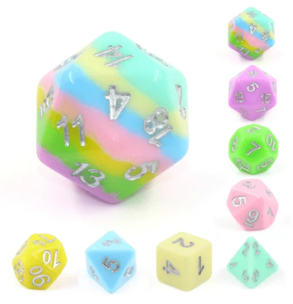 Harmony 8 Piece RPG Dice Set with colorful resin polyhedral dice and one large pastel rainbow die for D&D games.
