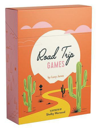 Road Trip Games box featuring car games by Shelby Warwood. Desert scene with cacti and road on packaging.