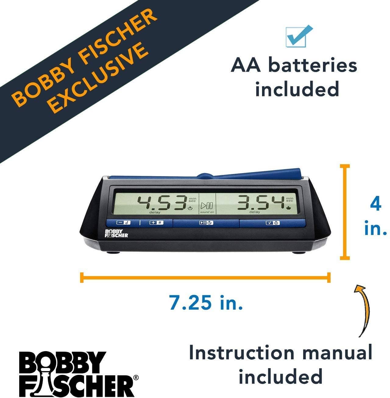 Bobby Fischer Digital Chess Clock/Timer by DGT, 7.25 x 4 in, with AA batteries and manual included.