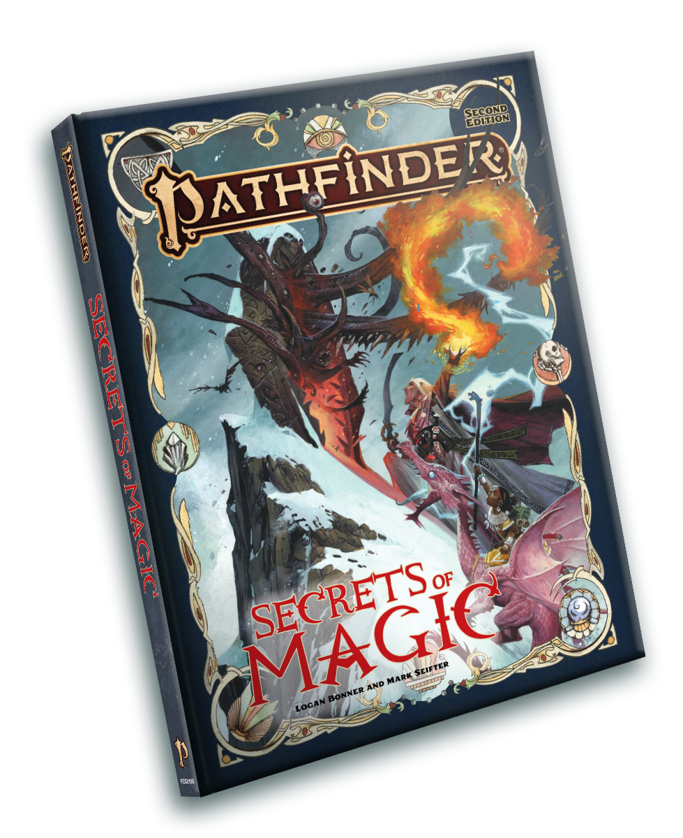Pathfinder 2nd Edition: Secrets of Magic book cover showing wizards and dragons with magical symbols.