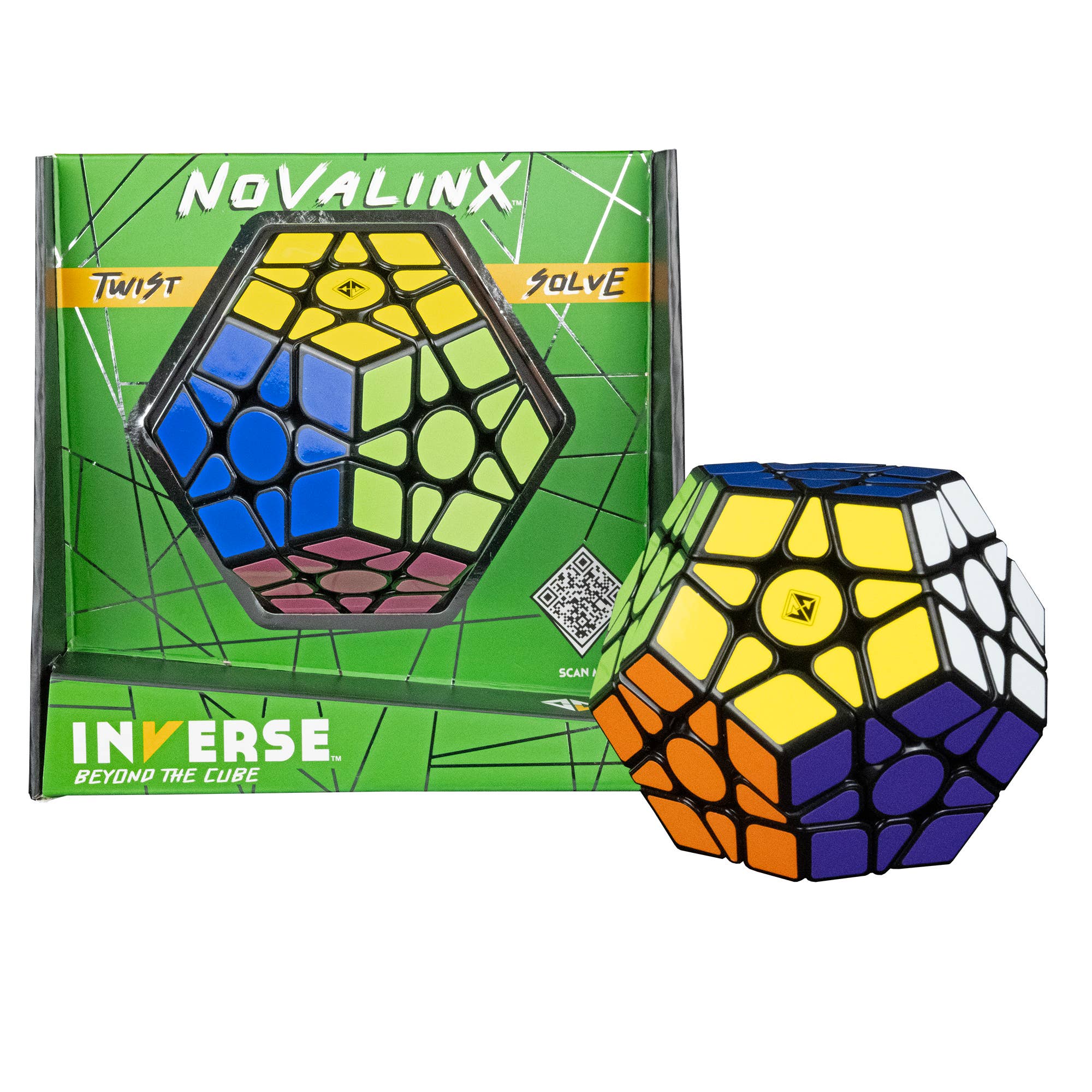 INVERSE Novalinx Puzzle, a colorful dodecahedron twisty, next to its green packaging.